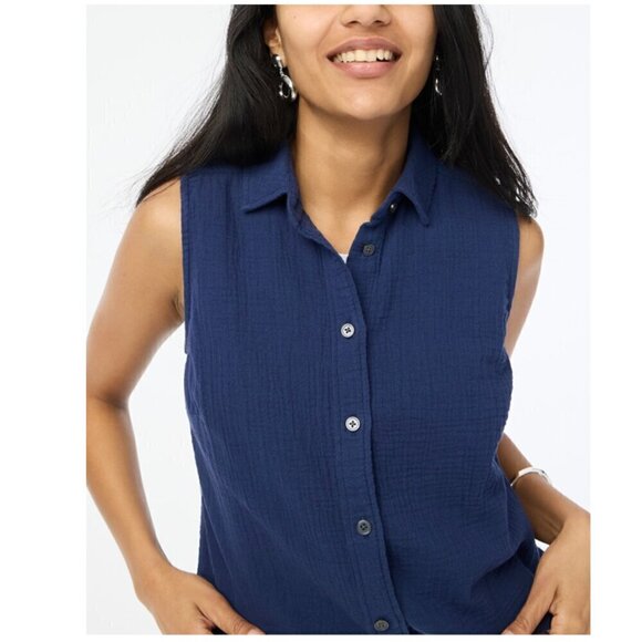 J. Crew Sleeveless Gauze Button Up Collared Tank Top Navy Size S NWT - Picture 1 of 8
